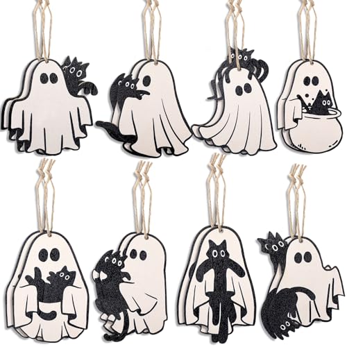 Halloween Ghost Cat Wooden Hanging Ornaments - 24 Pack, Spooky Home Decor