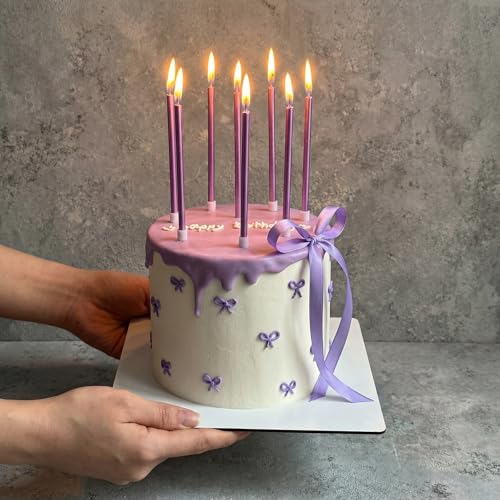 Purple Long Thin Birthday Candles - 24 Count Tall Cake Toppers with Metallic Luster - Party & Celebration Supplies