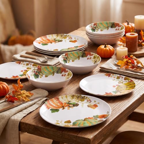 Pumpkin Fall Melamine Dinnerware Set for 4 - Service for 4, Plates & Bowls