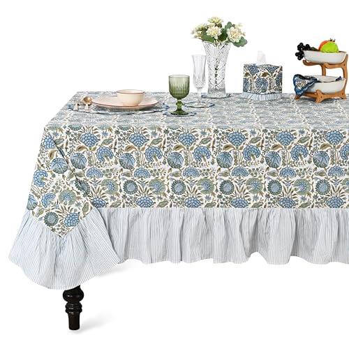 Asparagus Green Block Print Ruffle Tablecloth - 70 x 108 Inch Rectangular