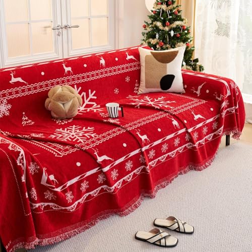 Christmas Sofa Cover with Tassels for 2-3 Cushion Couch - Red XX-Large 71x134 Inches