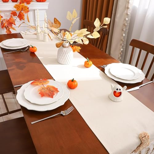 Halloween Beige Pumpkin Embroidered Table Runner 13x90 with Tassels - Pack of 1