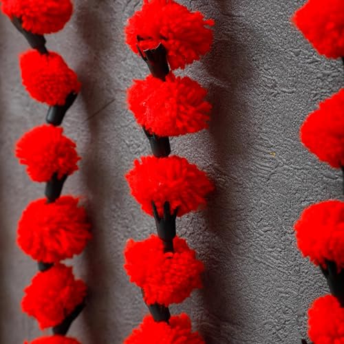 Red Woolen Marigold Garland - Artificial Flower Decor for Indian Weddings & Festivals - Pack of 5