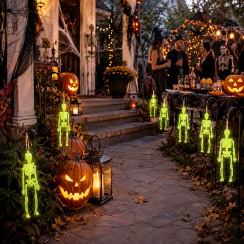 Glow in The Dark Mini Skeleton Decorations Set - 12 Pack, 6 Inch Halloween Hanging Figures with Twine