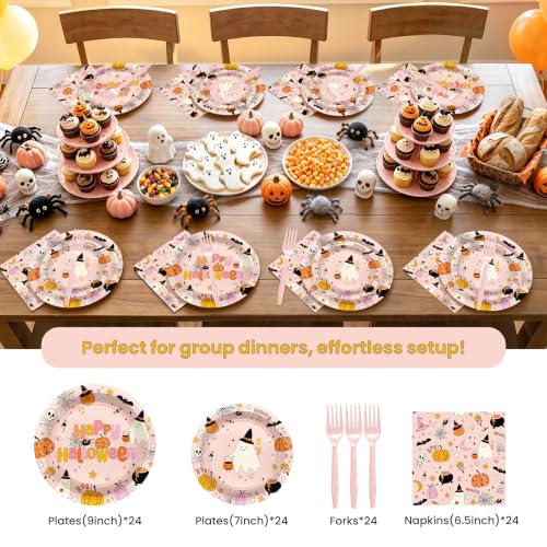 Pink Halloween Party Plates and Napkins Set - Boo Theme, 96 pcs