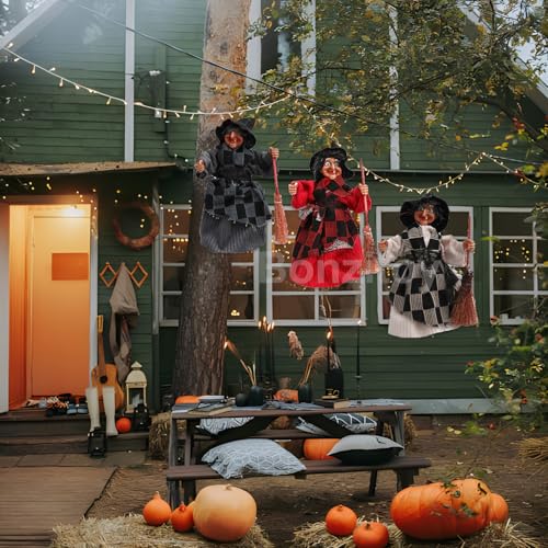 Halloween Witch Ornaments Set - 3pcs 8-Inch Haunted House Decorations with Broom & Base