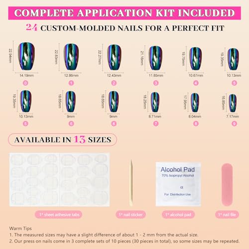 Holographic Blue Purple Coffin Nail Set Mirror Chrome Fake Nails with Variation - Green Purple