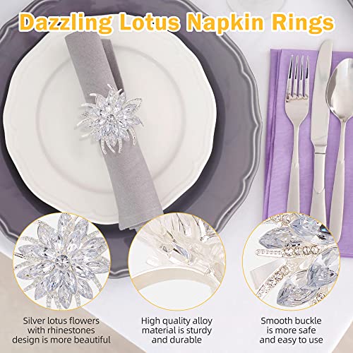 Flower Lotus Napkin Rings Set of 12 - Silver Elegant Rhinestone Decor for Weddings & Holidays
