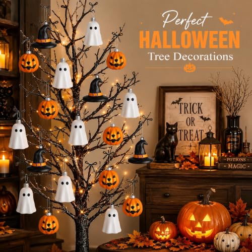 Halloween Hanging Ornaments Set - Silver Ghost, Gold Pumpkin & Witch Hat - 30 Mini Plastic Decorations