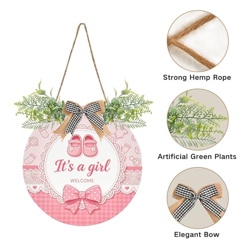 It's a Girl Wreath Door Hanger for Front Door with Plaid Bow Welcome Baby Sign 12in Variation of This Listing