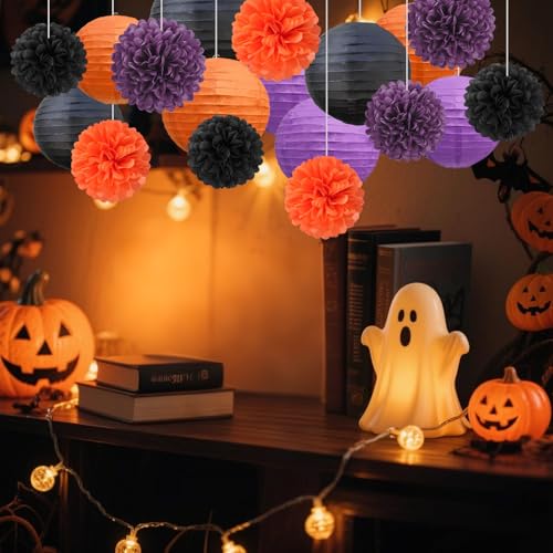 Halloween Paper Lanterns & Tissue Pom Poms Set - Black Orange Purple 18 Piece