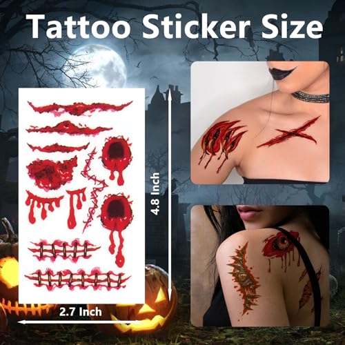 Fake Scar Tattoos Set - 45 Sheets Realistic 3D Wound Blood Cuts Halloween Cosplay