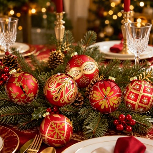 Luxury Glass Christmas Ornaments Set - Red & Gold, 2.36 Inch, 12 Pieces