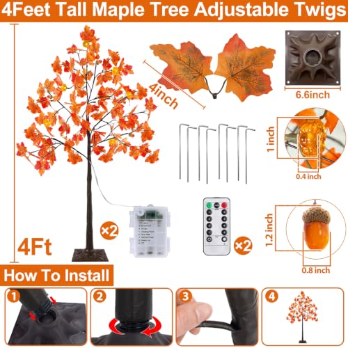 TURNMEON 2 Pack 4ft Prelit Fall Maple Trees with Pumpkins & Acorns - Outdoor Halloween Decor