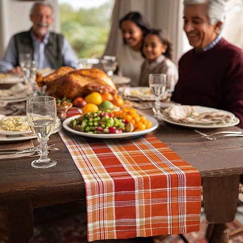 Rust Multicolor Harvest Plaid Cotton Table Runner 13x72 Inches - Farmhouse Decor