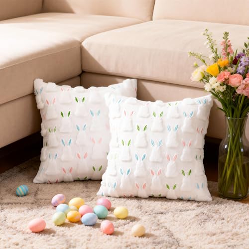 18x18 Inch Pillow Covers Set of 2 - Easter Bunny Plush Farmhouse Decor