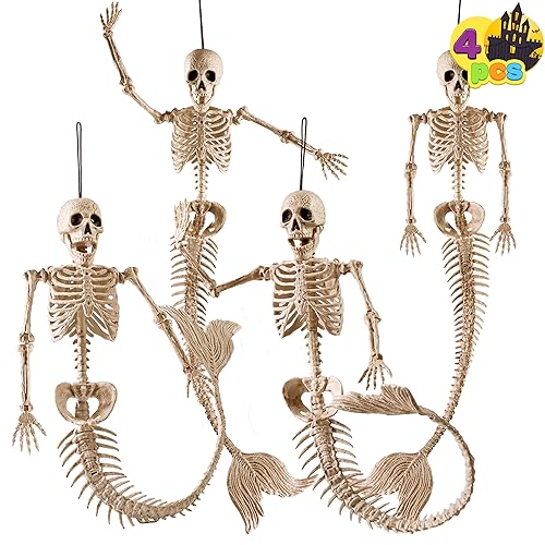 Mermaid Skeleton Halloween Decorations - Poseable 20-Inch Set of 4 - Indoor Outdoor Photo Props & Spooky Scene Favors - Variation of 4