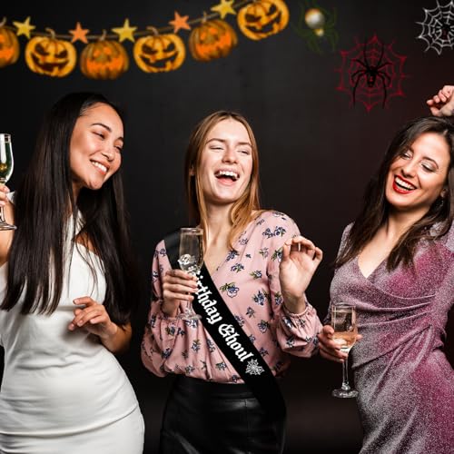 Black Birthday Ghoul Sash with White Glitter Letters - Halloween Party Decor