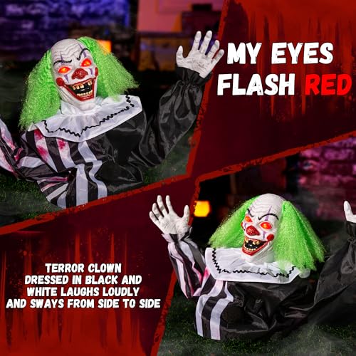 Halloween Animatronic Groundbreaker Clown Outdoor Decor - Scary Talking Motion-Activated with Lighted Eyes