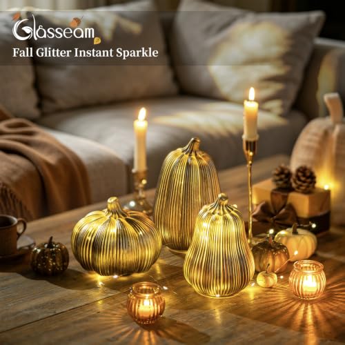 Gold Glass Pumpkin Lights with Timer - Set of 3 Halloween Decor