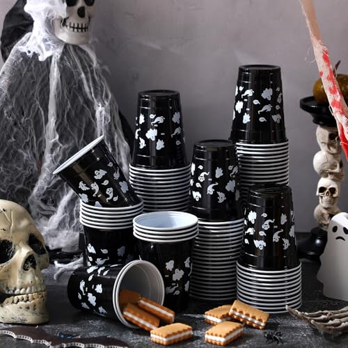 Ghost Halloween Party Plastic Cups 12 oz - Black, 50 Pack