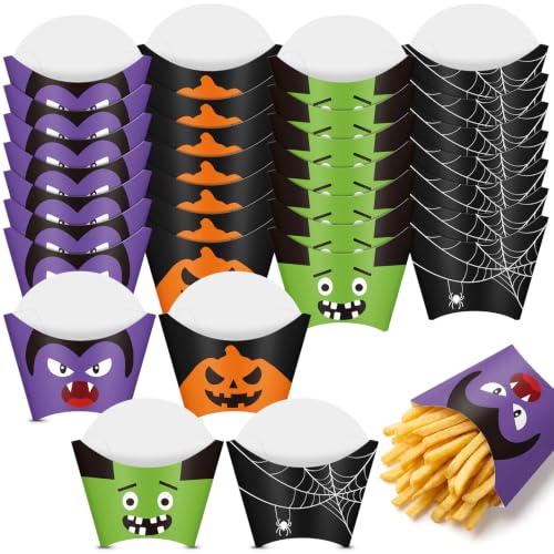 Halloween French Fries Holder Set - 40 Pcs Spooky Snack Cups with Monster, Vampire, Pumpkin & Spider Web Designs