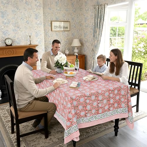 Dark Salmon Pink Hand Block Print Cotton Tablecloth 108 x 60 Inch - Rectangular