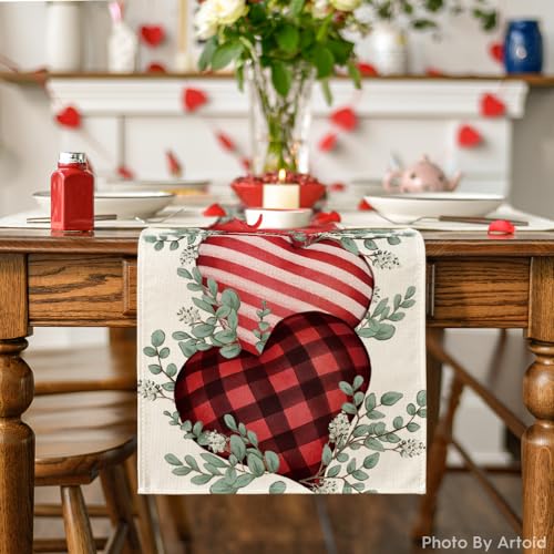 Eucalyptus Hearts Valentine's Day Table Runner 13x90 Inch - Red & Hearts Design