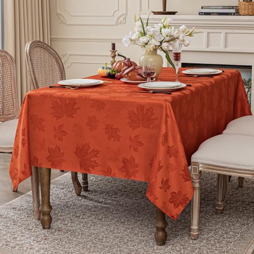 Autumn Maple Leaf Jacquard Rectangle Tablecloth - Burnt Orange, 60 x 102 Inches, Fall Decor