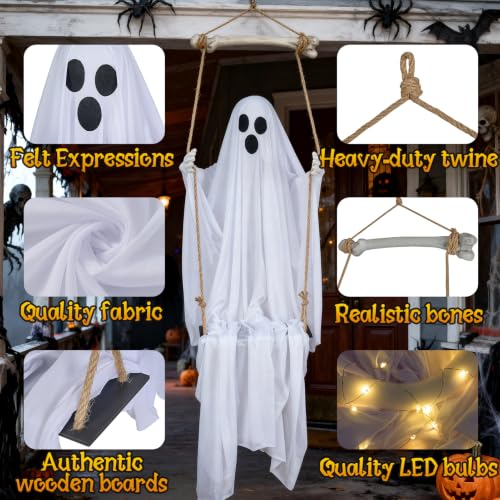 Halloween Decorations Outdoor 4.6FT Hanging Swing Ghost with 8 Light Modes - Yard Porch Decor