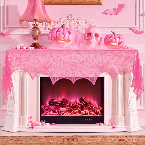 Pink Halloween Mantel Scarf Decoration Indoor Lace Spider Web Festive Decor