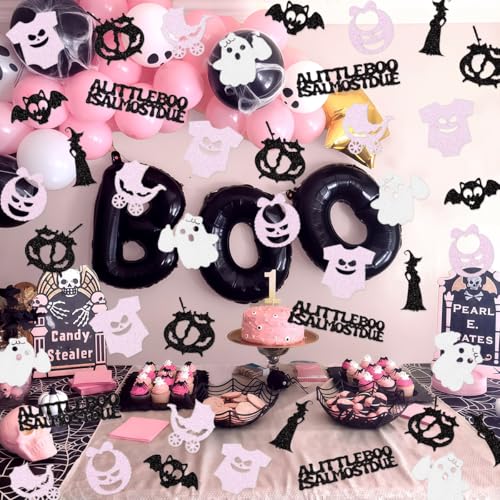 Halloween Baby Shower Confetti Decor with Ghosts Witches Pumpkins - Pink Black Silver
