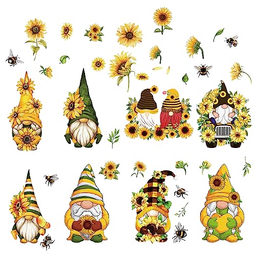 Spring Theme Window Decals - Sunflower & Gnome Stickers for Glass Walls - 8 Sheets, Reusable, Waterproof
