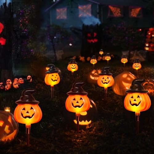 Solar Jack O Lantern Stake String Lights - Halloween Pathway Decor, Outdoor Waterproof Yard Lights