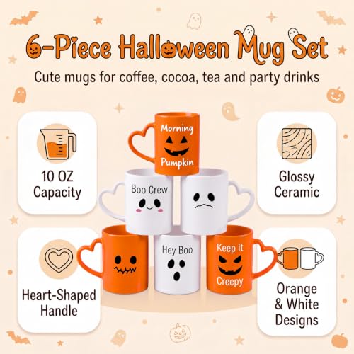 Halloween Coffee Mug Set with Heart Handles - 6 Pack, 10 Oz, Halloween / Yellow White Black