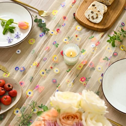 6PCS Champagne Embroidery Daisy Gauze Table Runner 28x120 Inch - Elegant Home Decor