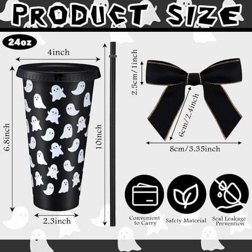 Halloween Ghost Cups Set with Straws & Lids - Black 24 oz, 12 Pack