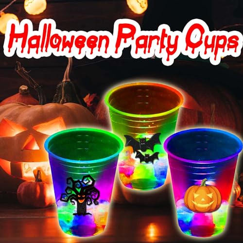 40 Pcs Glow in The Dark Halloween Party Cups - Pumpkin Bat Ghost Theme, 16oz Plastic Drinkware with LEDs & Stickers - Mishunyus