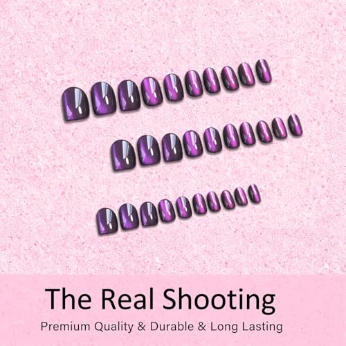 Cat Eye Press-On Nails Short Oval - Black Purple Glitter Chrome Finish, 30 Pcs, Reusable