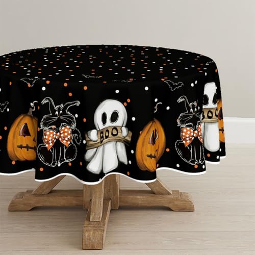 Halloween Tablecloth 90x90 Inch Round Jack-O-Lantern Ghost Cat Black & Orange