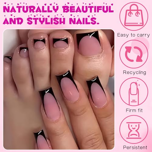 Black French Tip Press On Nails Square Medium 60pc Kit with Nail Files & Adhesive