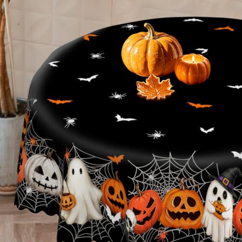 Black Halloween Pumpkin Ghost Tablecloth 60 Inch Round Home Decor