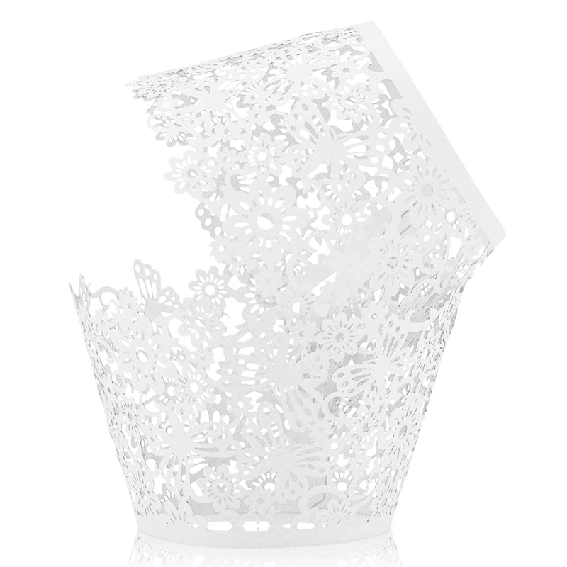 50 Pack White Lace Cupcake Wrappers - Artistic Bake Cake Liners for Wedding Party Birthday