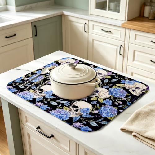 Halloween Skull & Floral Dish Drying Mat 18x24 Inch Kitchen Counter Protector