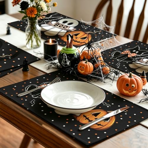 Black Halloween Table Placemats Set of 4 12x18 Inches Pumpkin Cat Ghost Decor