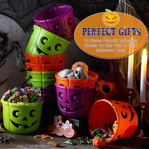 Cute Colorful Halloween Pumpkin Candy Buckets with Handles - 12 Pack