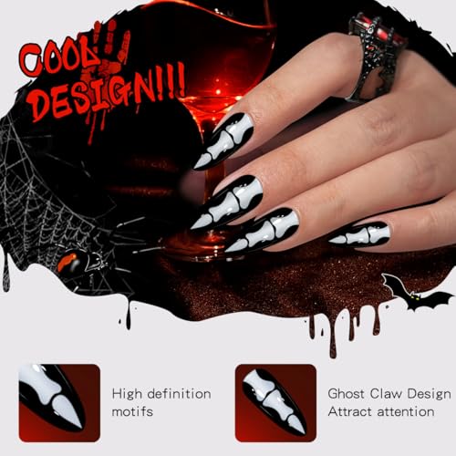 Halloween Press On Nails Kit Medium Stiletto Skeleton Vampire Black Fake Nails WSJ-2024-001