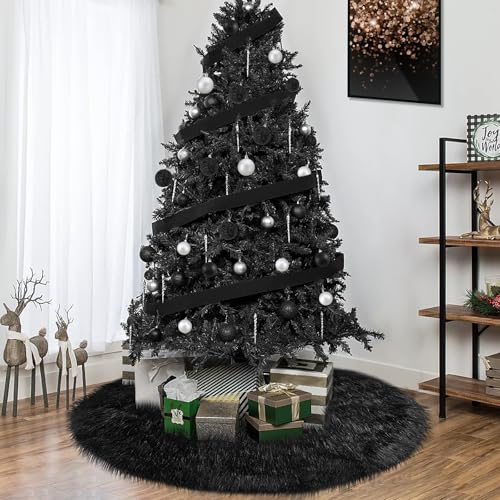 Black Christmas Tree Skirt 48 Inch Fluffy Faux Fur Halloween Holiday Decor