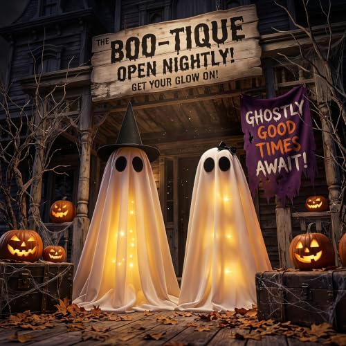 Light Up Halloween Ghost Decor Set - 2 Standing Ghosts with Witch Hat & Lights