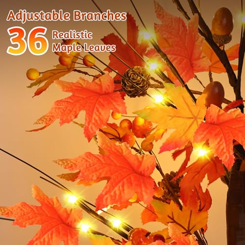2 Pack 24-Inch Lighted Artificial Maple Trees with LEDs for Fall & Thanksgiving Decor